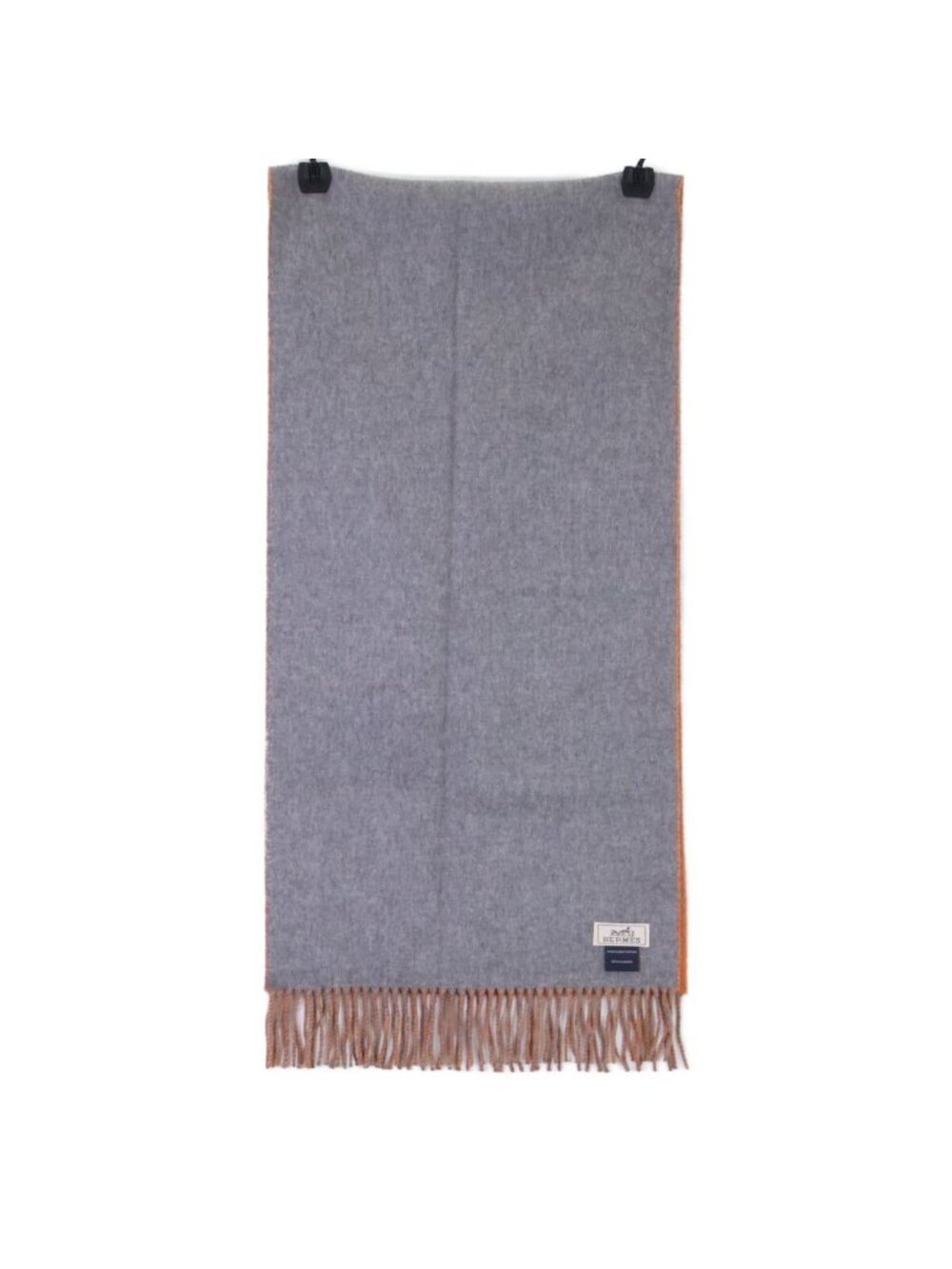 Hermes Logo Embroidery Cashmere Bicolor Fringe Scarf - Picture 3 of 7